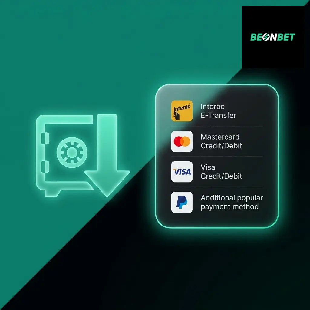 BeonBet deposit methods showing Visa, Mastercard and Interac options for funding betting and casino accounts