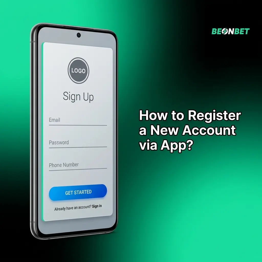 BeonBet app registration screen showing steps to create a new account with phone, email and player details